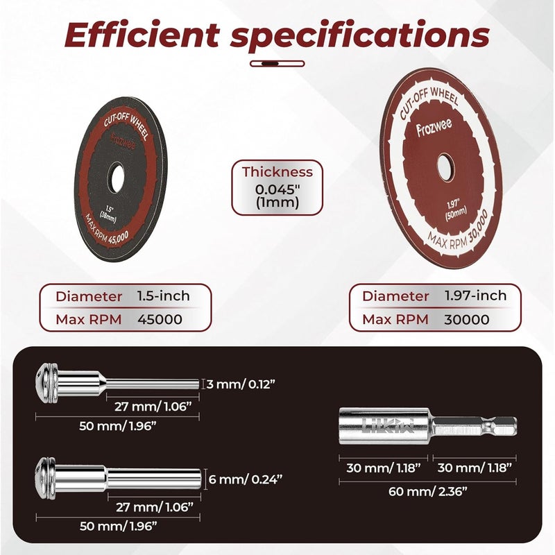 Prozwee 20PCS（10 * 1.5"+10 * 1.97"） Cut Off Wheels with 3PCS Shank(1/4" Hex Shank+1/4" Mandrel+1/8" Mandrel),Fiberglass Reinforced Rotary Tool Cutting Disc Set - Image 3